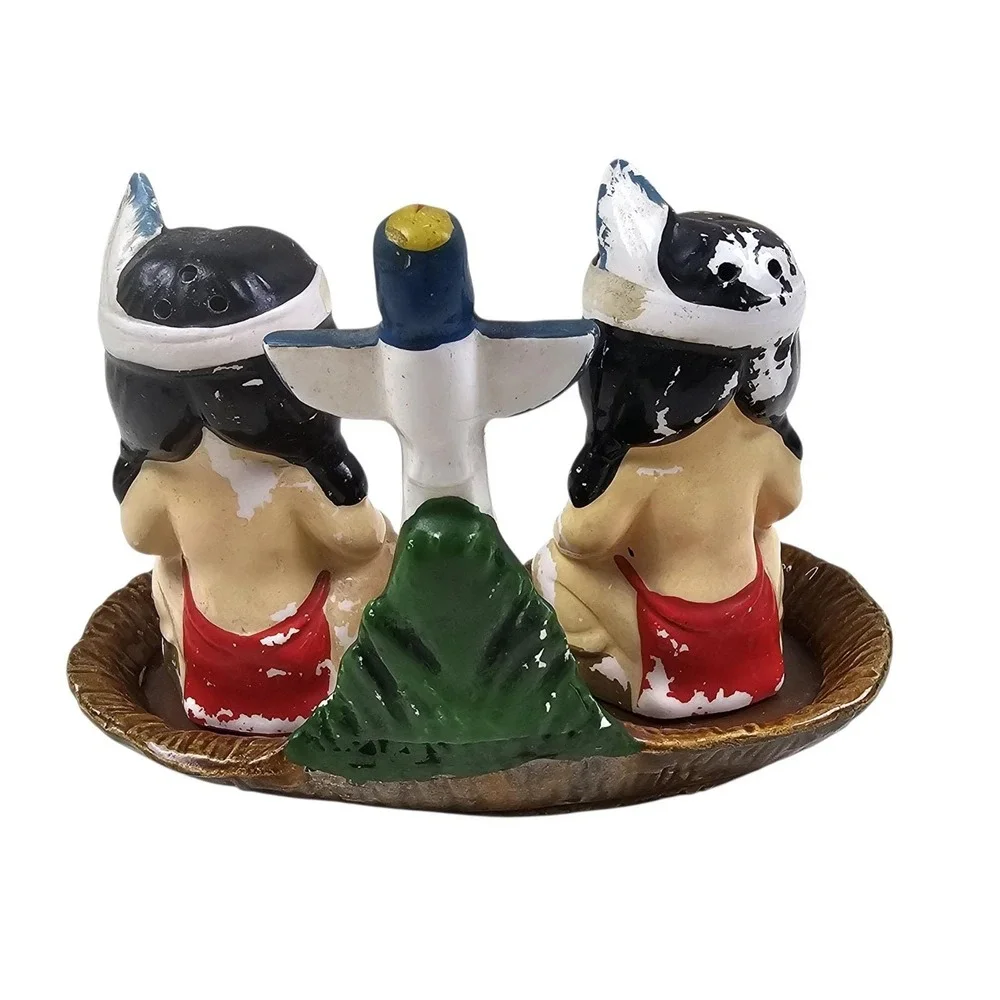 Vintage Japan Ceramic Salt and Pepper Shakers Set with Totem Pole Base Multi